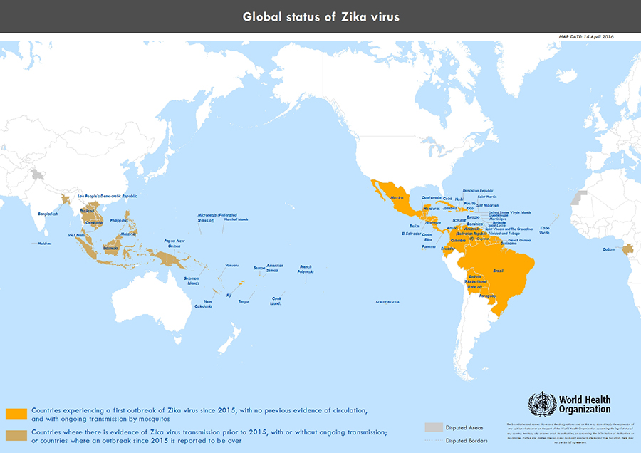 A map of the combined global status of Zika virus.