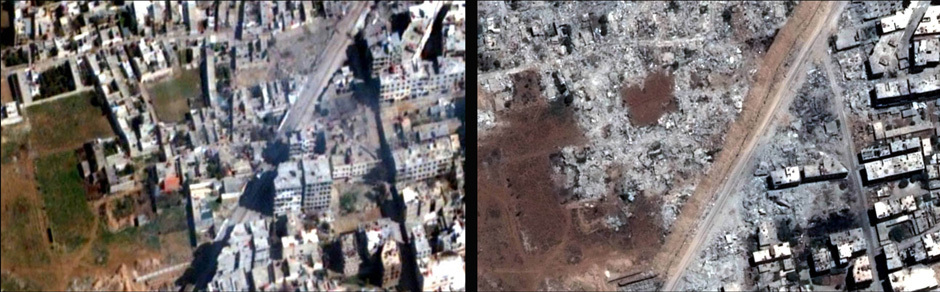 Before and after photographs of Syrian neighborhoods.
