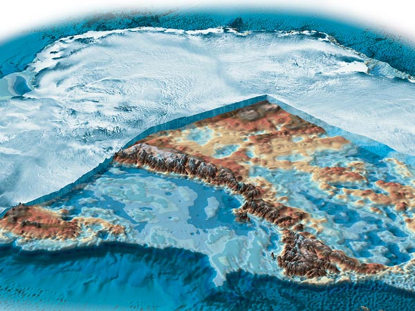 A cutaway view of Antarctica shows its southern ice sheet. (Map from National Geographic)