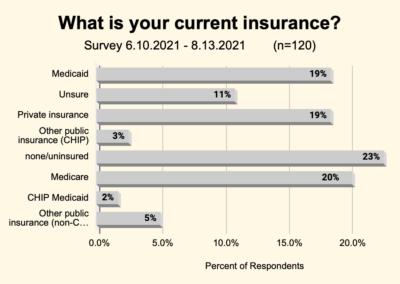 The largest group of respondents (23%) was uninsured. Medicare (20%), private insurance (19%) and Medicaid (19%) were the next